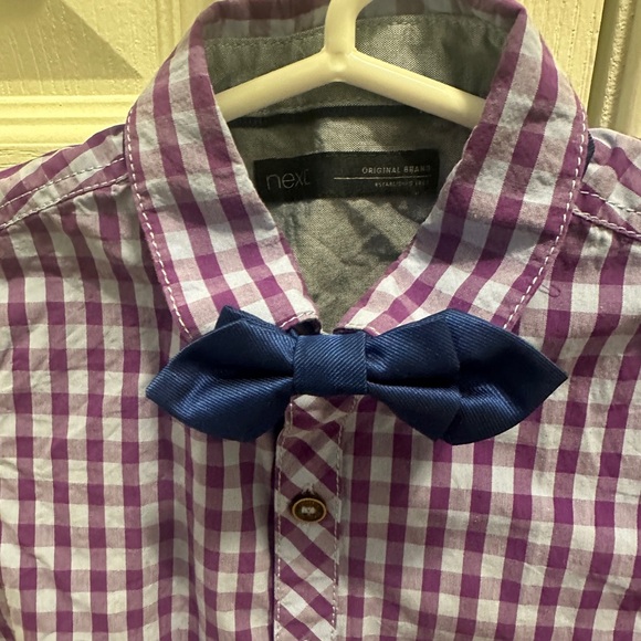 NEXT DIRECT • Boys’ Purple Checkered Kids Shirt w Bow Tie - Picture 2 of 9